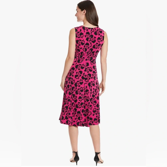NWT London Times Women's Sleeveless Midi Fit & Flare Dress Pink Black Floral 6P - Picture 3 of 8